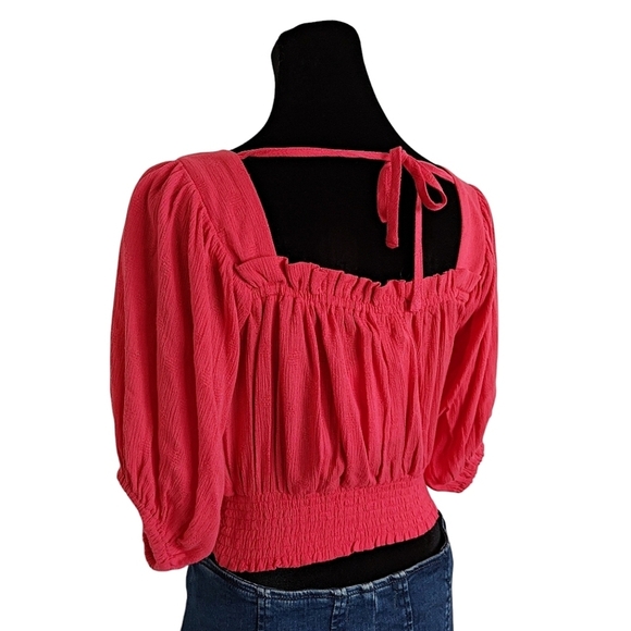 Band Of Gypsies Smocked Hot Coral Square Neck Puffy Sleeve Top Size Small - Picture 5 of 11